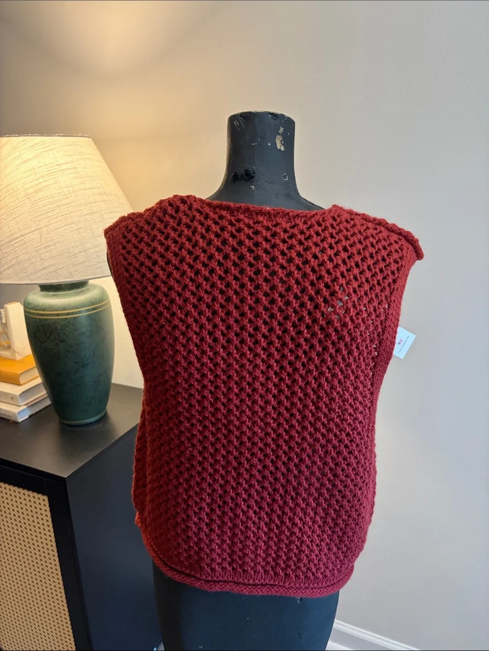 NWT Vigoss Office Career Deep Red Crochet Knit Button Vest Gold Buttons Large